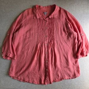 J Jill‎ 100% Linen Button Up Top Sz 2X Pink Pintuck Long Roll Tab Sleeve Beachy